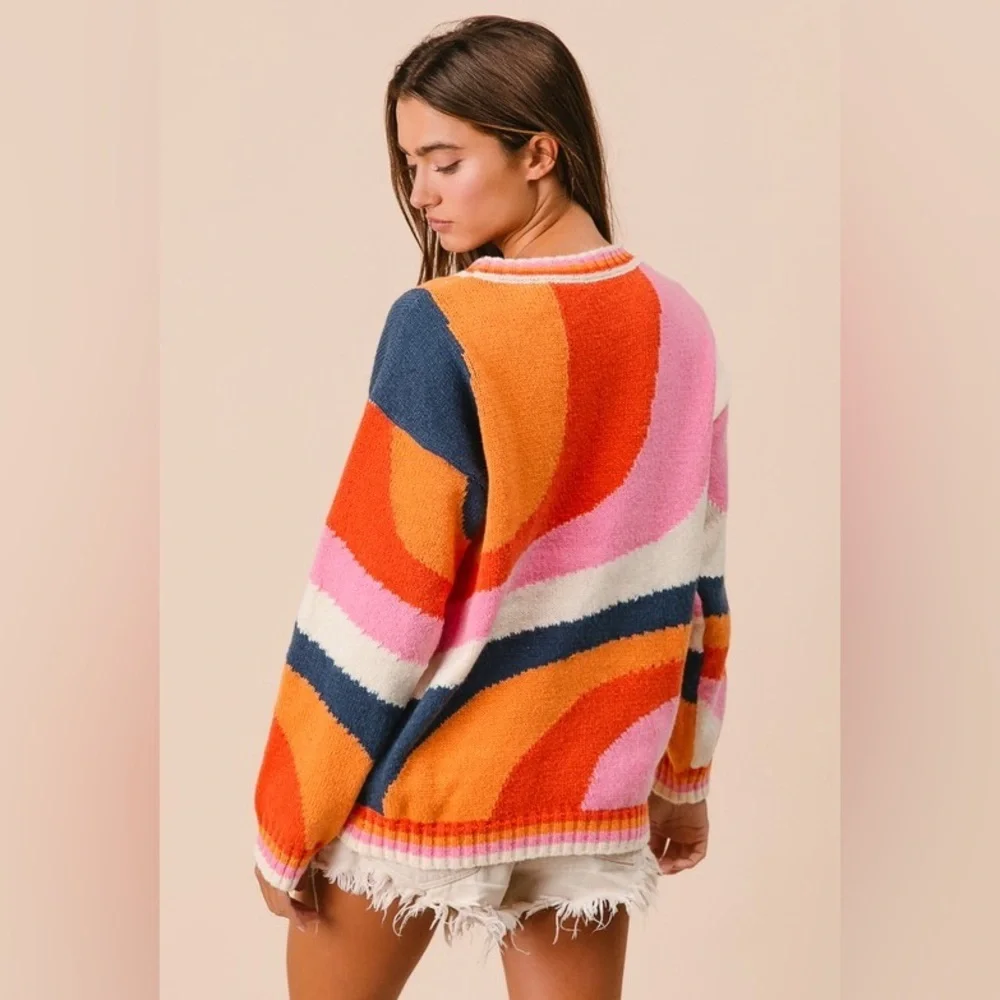 Multicolor pattern abstract knit ribbed boho bohemian vintage tunic top sweater - Picture 4 of 6